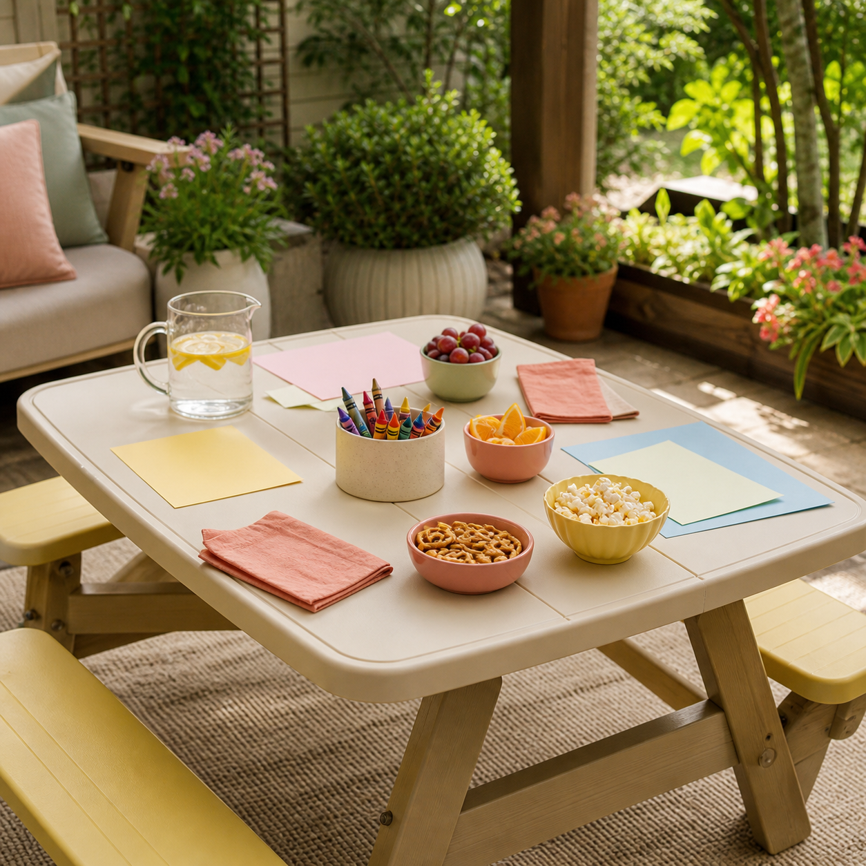 Non-branded family picnic and activity table scene