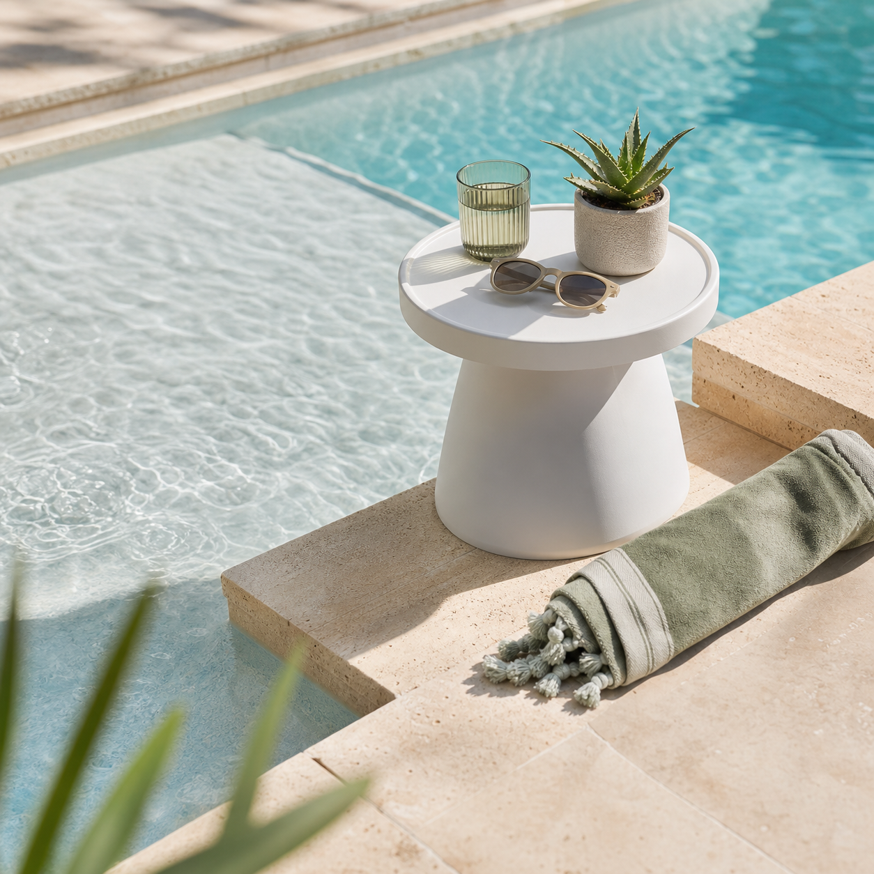 Non-branded poolside accessory and patio setup