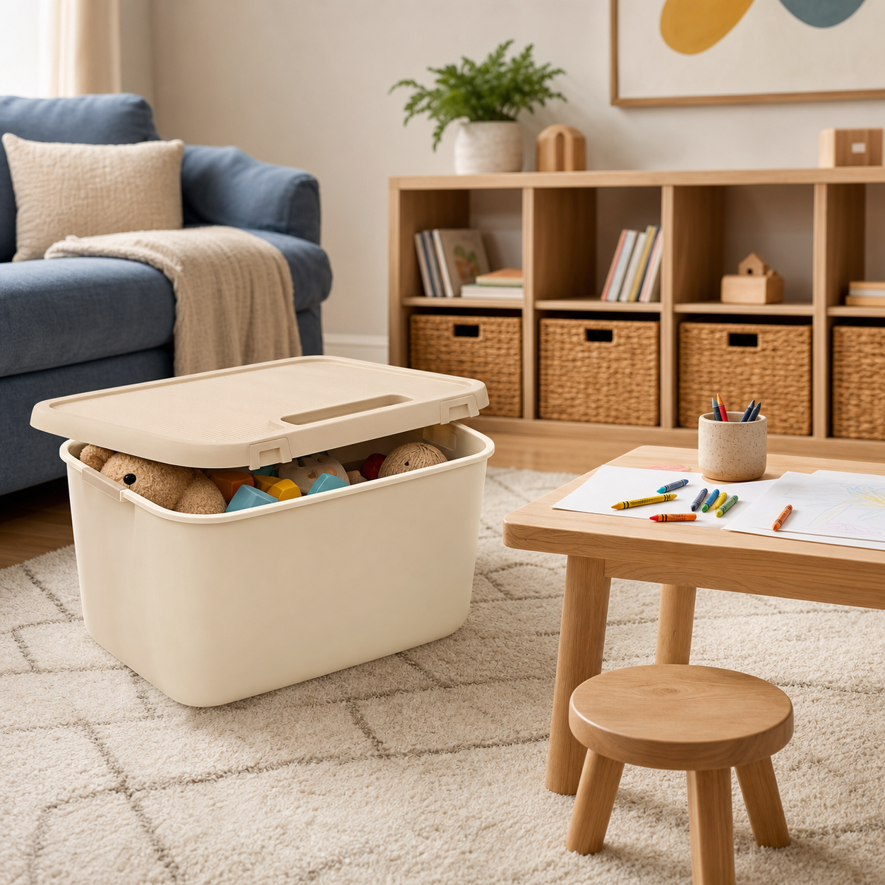 Non-branded playroom storage and art scene
